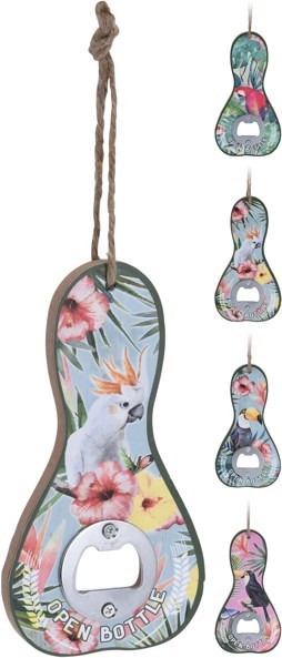 Flessenopener Hout Met Koord 15 * 8 Cm 4 Ass Tropical Birds