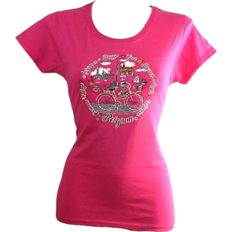 T-shirt ladies Belgium bike cities fuchia L