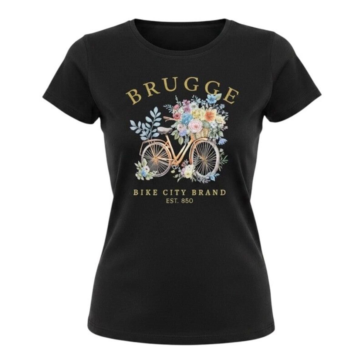 T-shirt dames Brugge bike flowers black XXL