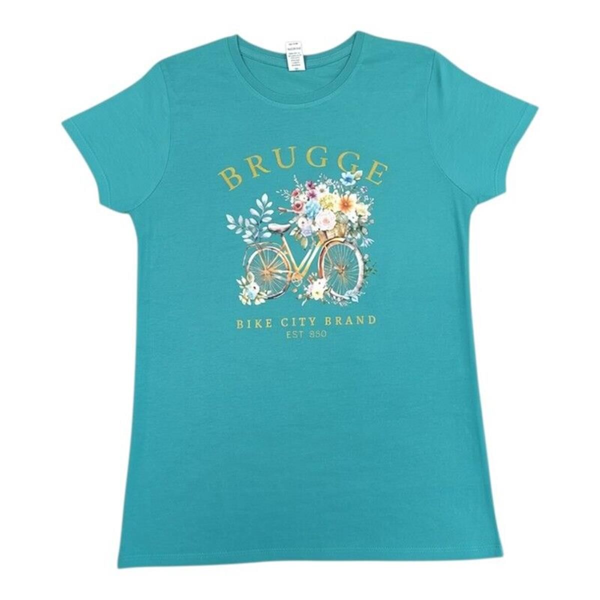 T-shirt dames Brugge flowers bike dusty blue XXL