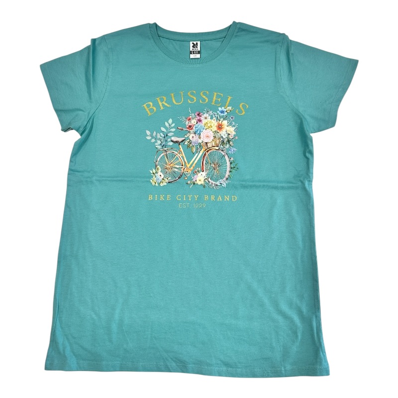 T-Sh ladies Brussels flowers bike dusty blue XL