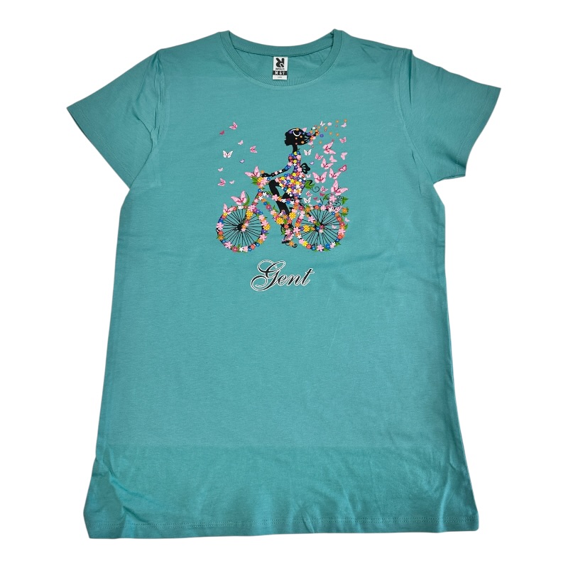 T-Sh ladies Gent girl on bike dusty blue S